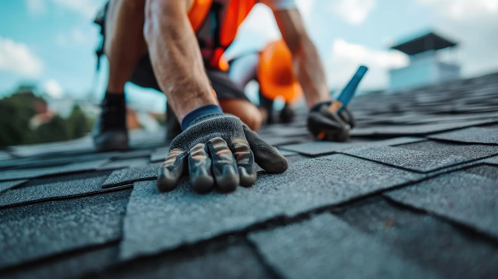 Close-up of a roofer installing asphalt shingles on a residential roof