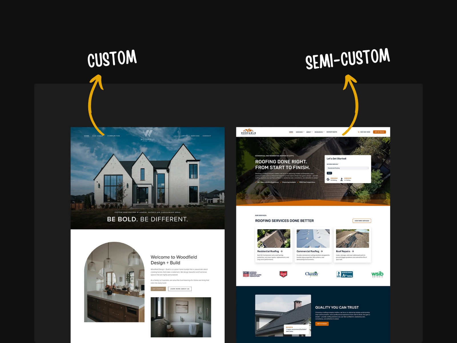 Tweakable website designs showcasing custom vs semi-custom website options