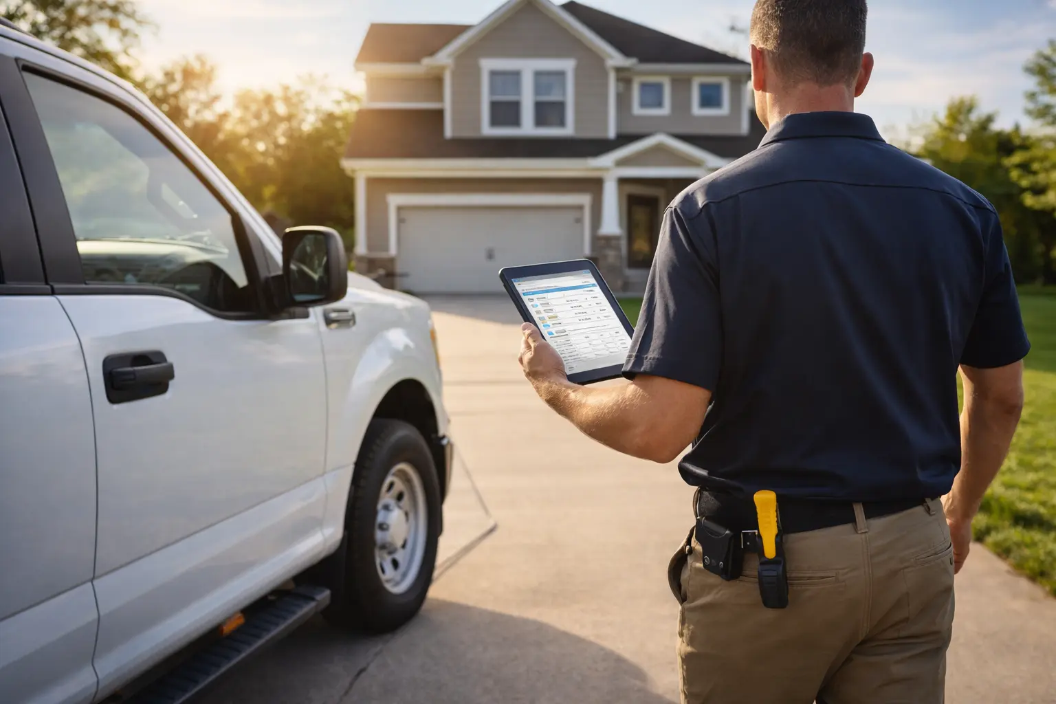 Technician walking toward a suburban home with tablet in hand, illustrating home service automation and digital job scheduling in action.