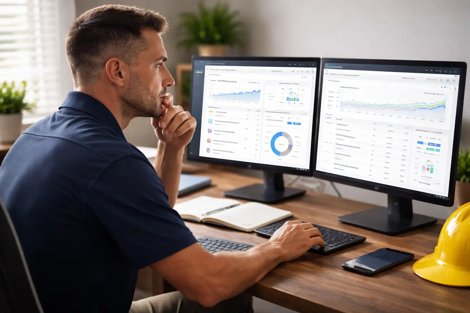 Contractor analyzing website performance data while exploring whether is SEO dead in the age of AI and evolving search technology.